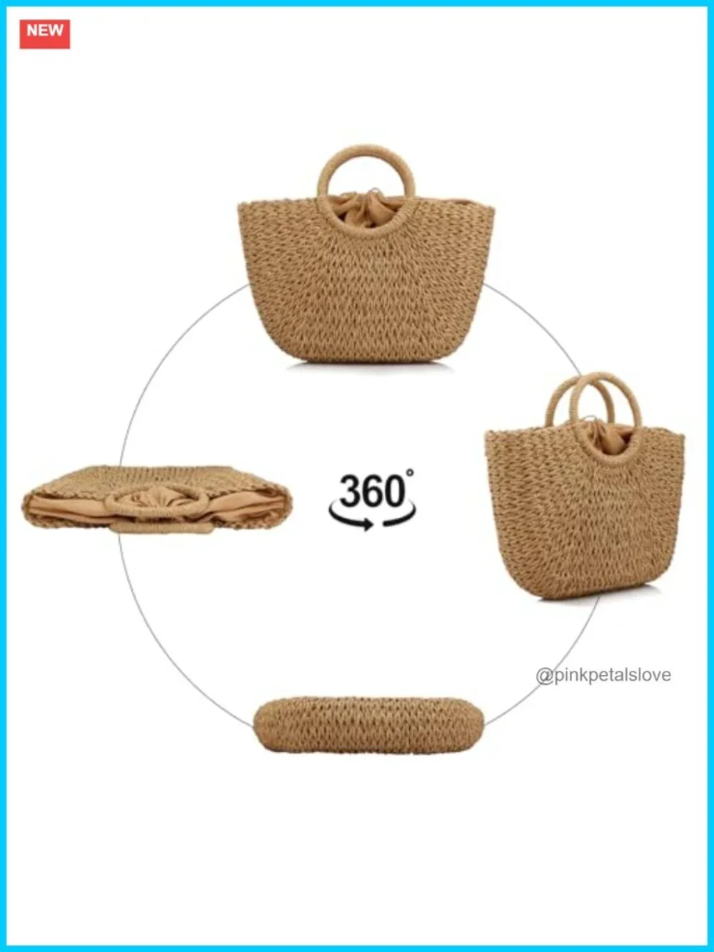 Natural Straw Handwoven Hobo Beach Bag with Drawstring Closure
